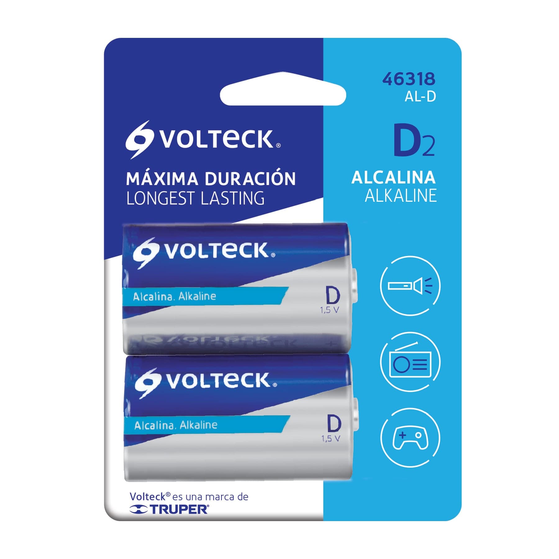 Pila Alcalina VOLTECK, Tamaño D, Voltaje 1.5 V, 2 Piezas, TRUPER AL-D –  PCDomino
